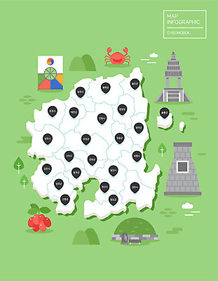 지도 일러스트 사람없음 초록색 탑 축제 인포그래픽 게 경상북도 연 지역 첨성대 랜드마크 산수유 석가탑 왕릉 국내일러스트 AI파일 건축물 꽃 컬러 갑각류 놀이용품 경주_경상북도 석탑 경상도 국보 불국사 파일형식 벡터