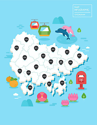 지도 일러스트 연꽃 사람없음 파란색 인포그래픽 우체통 경상남도 돌고래 지역 무궁화 케이블카 랜드마크 유자 국내일러스트 AI파일 꽃 컬러 과일 포유류 수중동물 경상도 파일형식 벡터