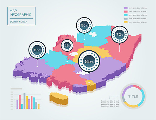 지도 일러스트 그래프 한국 사람없음 컬러풀 인포그래픽 퍼센트 지역 남한 국내일러스트 AI파일 아시아 컬러 특수기호 파일형식 벡터