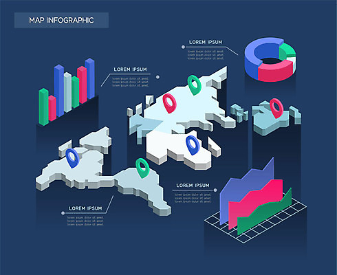 세계지도 지도 일러스트 그래프 사람없음 인포그래픽 남색 입체 아이소메트릭 국내일러스트 AI파일 컬러 세계 파일형식 벡터