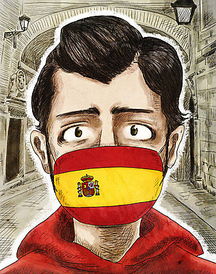 PSD 외국인 남자 일러스트 마스크 한명 안전 인종 상반신 성인 스페인 바이러스 국기 질병 감기 사회이슈 스페인국기 인플루엔자 성인남자한명만 코로나바이러스 델타변이바이러스 국내일러스트 1 유럽 컨셉 의학 사람 남자한명만 성인남자만 파일형식