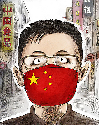 PSD 외국인 남자 일러스트 마스크 한명 안전 인종 상반신 성인 중국 바이러스 국기 질병 감기 오성홍기 사회이슈 대륙 인플루엔자 성인남자한명만 코로나바이러스 델타변이바이러스 국내일러스트 1 아시아 컨셉 의학 사람 남자한명만 성인남자만 파일형식