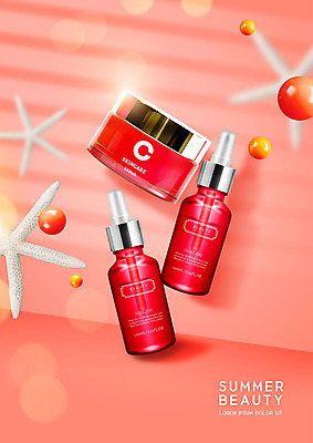 PSD 편집이미지 불가사리 사람없음 빨간색 여름 햇빛 뷰티 화장품 원형 패키지 이미지편집 도형 계절 컬러 극피동물 태양 파일형식