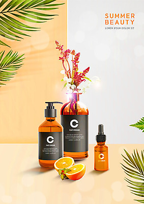 PSD 편집이미지 꽃 잎 오렌지 사람없음 여름 야자수 햇빛 뷰티 주황색 화장품 패키지 야자수잎 이미지편집 나무 식물 계절 컬러 과일 태양 파일형식