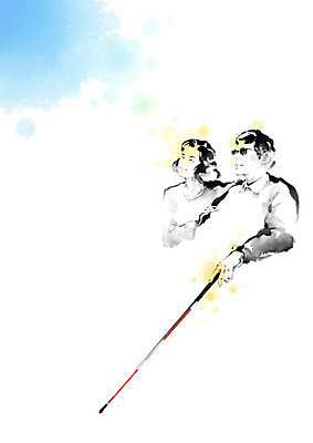 PSD 여자 남자 일러스트 캘리그라피 지팡이 붓터치 사람 상반신 성인 두명 선글라스 잡기 봉사 도움 자원봉사자 장애인 번짐 장애 도우미 시각장애인 장님 흰지팡이 국내일러스트 안경 컨셉 모션 파일형식 효과