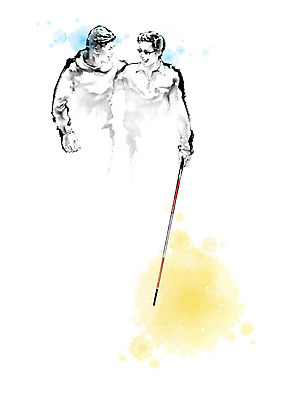 PSD 남자 일러스트 캘리그라피 지팡이 붓터치 사람 상반신 성인 두명 친구 선글라스 잡기 봉사 도움 자원봉사자 장애인 번짐 장애 도우미 시각장애인 장님 남자만 흰지팡이 국내일러스트 안경 컨셉 관계 모션 파일형식 효과