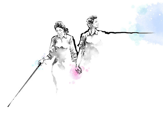 PSD 부부 여자 남자 일러스트 캘리그라피 지팡이 붓터치 사람 상반신 성인 두명 눈감음 손잡기 잡기 봉사 도움 자원봉사자 장애인 번짐 장애 도우미 시각장애인 장님 흰지팡이 국내일러스트 커플 컨셉 모션 파일형식 효과