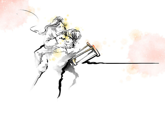 PSD 커플 여자 남자 일러스트 캘리그라피 붓터치 사람 상반신 성인 두명 봉사 도움 자원봉사자 장애인 번짐 업기 목발 장애 도우미 국내일러스트 컨셉 관계 의료기기 모션 파일형식 효과