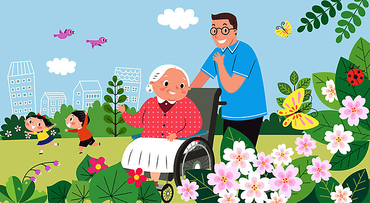 전신 나무 구름 공원 여자 노년 남자 꽃 할머니 어린이 나비 일러스트 조류 나뭇잎 사람 여러명 성인 산책 딱정벌레 휠체어 돌봄 돌봄서비스 국내일러스트 AI파일 자연요소 식물 동물 공공시설 다수 곤충 잎 모션 휴식 서비스 파일형식 벡터