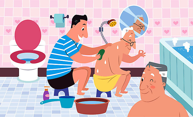 전신 노년 남자 일러스트 욕조 사람 앉기 상반신 성인 세명 위생용품 목욕 거울 목욕탕 샤워기 변기 대야 바가지 돌봄 세정제 남자만 씻겨주기 돌봄서비스 국내일러스트 AI파일 생활용품 모션 청결 서비스 파일형식 벡터