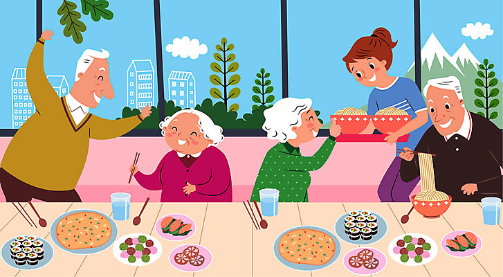 나무 구름 여자 할아버지 노년 남자 할머니 음식 일러스트 젓가락 창문 나뭇잎 김치 떡 들기 사람 여러명 상반신 성인 숟가락 식사 물컵 국수 김밥 잔치 부침개 연근 돌봄 음식대접 돌봄서비스 국내일러스트 AI파일 자연요소 식물 한식 다수 잎 채소 모션 수저 컵 면류 환대 서비스 파일형식 벡터