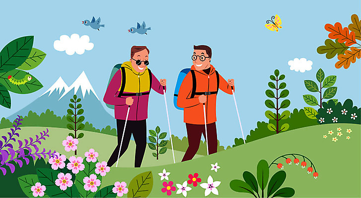 전신 나무 구름 남자 꽃 나비 일러스트 조류 지팡이 산 사람 두명 선글라스 등산 장애인 애벌레 등산로 돌봄 시각장애인 남자만 돌봄서비스 국내일러스트 AI파일 자연요소 식물 동물 안경 곤충 모션 트래킹 벌레 서비스 장애 파일형식 벡터