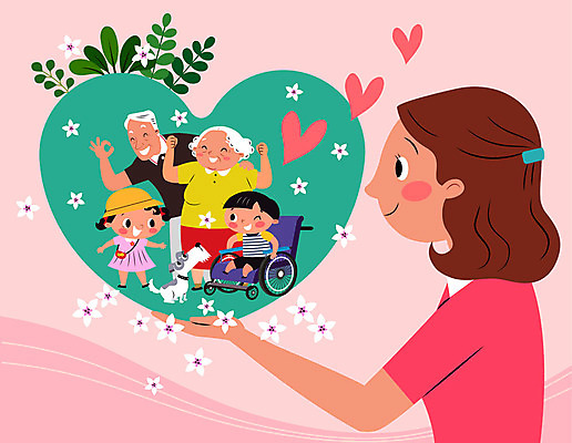 전신 한마리 여자 노년 남자 꽃 반려견 어린이 일러스트 나뭇잎 들기 사람 손짓 여러명 상반신 성인 하트 개 강아지 장애인 휠체어 돌봄 반려 돌봄서비스 국내일러스트 AI파일 모양 식물 1 다수 잎 포유류 모션 반려동물 서비스 장애 파일형식 벡터