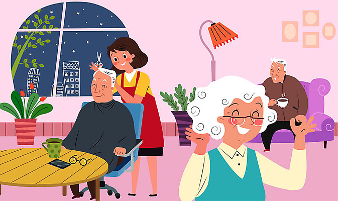 전신 여자 할아버지 노년 남자 별 화분 할머니 액자 일러스트 창문 탁자 들기 사람 여러명 상반신 성인 컵 소파 스탠드 미용사 이발 자르기 만족 돌봄 미용가위 돌봄서비스 국내일러스트 AI파일 자연요소 직업 식기 감정 가구 다수 의자 모션 조명 가위_도구 미용용품 서비스 파일형식 벡터