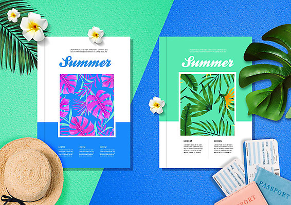 PSD 편집이미지 모자 표지디자인 북디자인 출판디자인 표지 꽃 여행 북커버 팜플렛 사람없음 여름 파란색 항공권 여권 감성 야자수잎 몬스테라 민트색 트로피컬아트 이미지편집 식물 잡화 계절 컬러 컨셉 잎 티켓 그림 파일형식