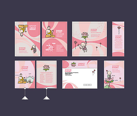 템플릿 배너템플릿 남자 종교 분홍색 불교 연꽃 이벤트 여러명 세트 현수막 전단 동자승 부처 엽서 초대장 약도 소봉투 행사세트 행사템플릿 AI파일 배너 꽃 컬러 다수 지도 편지봉투 카드_감사 사람 승려 편지 홍보물 파일형식 벡터