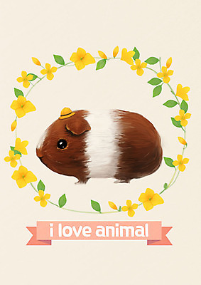 PSD 한마리 꽃 잎 일러스트 사람없음 귀여움 개나리 기니피그 국내일러스트 식물 1 컨셉 포유류 파일형식