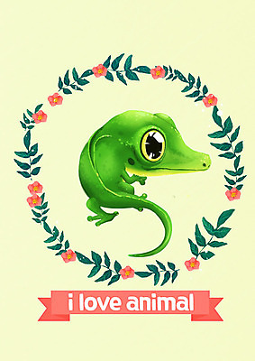 PSD 한마리 꽃 잎 일러스트 사람없음 노란색 귀여움 도마뱀 국내일러스트 식물 1 컬러 컨셉 파충류 파일형식