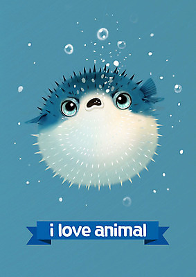 PSD 한마리 일러스트 사람없음 파란색 귀여움 물방울 복어 국내일러스트 1 컬러 컨셉 어류 파일형식