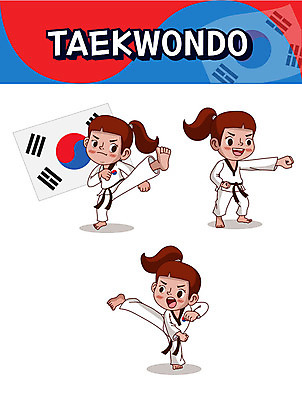 캐릭터 여자 어린이 스티커 일러스트 사람 세명 세트 킥 태극기 태권도 태극 이모티콘 손뻗기 여자만 일러캐릭터 AI파일 문양 모션 격투기 국기 파일형식 벡터