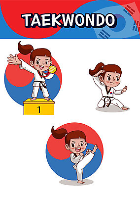 캐릭터 여자 어린이 스티커 일러스트 사람 세명 세트 수상_상을받음 킥 태권도 태극 금메달 이모티콘 여자만 일러캐릭터 AI파일 문양 모션 격투기 메달 파일형식 벡터