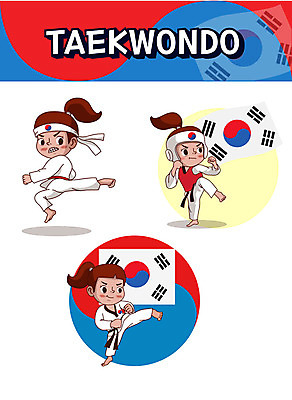 캐릭터 여자 어린이 스티커 일러스트 사람 세명 세트 킥 태극기 보호장비 태권도 태극 이모티콘 여자만 일러캐릭터 AI파일 문양 모션 격투기 장비 국기 파일형식 벡터