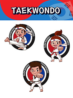 캐릭터 여자 남자 어린이 스티커 일러스트 사람 세명 세트 주먹 킥 태권도 태극 이모티콘 일러캐릭터 AI파일 문양 모션 격투기 파일형식 벡터