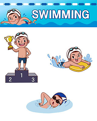 캐릭터 남자 어린이 스티커 일러스트 수영장 들기 사람 여러명 파란색 세트 수영 트로피 물안경 수영모 이모티콘 배영 자유형 접영 킥판 남자만 일러캐릭터 AI파일 컬러 다수 모션 수상스포츠 상_우승 수영용품 파일형식 벡터