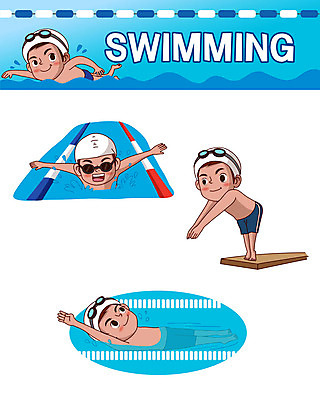 캐릭터 남자 어린이 스티커 일러스트 수영장 사람 여러명 파란색 세트 수영 물안경 다이빙 준비자세 수영모 이모티콘 배영 접영 남자만 일러캐릭터 AI파일 컬러 포즈 다수 수상스포츠 준비 수영용품 수중스포츠 파일형식 벡터