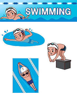 캐릭터 남자 어린이 스티커 일러스트 수영장 사람 여러명 파란색 세트 수영 물안경 준비자세 수영모 이모티콘 배영 자유형 남자만 일러캐릭터 AI파일 컬러 포즈 다수 수상스포츠 준비 수영용품 파일형식 벡터