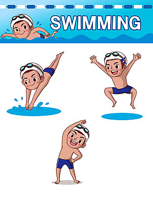 캐릭터 남자 어린이 스티커 일러스트 수영장 사람 여러명 파란색 세트 점프 수영 스트레칭 물안경 다이빙 수영모 이모티콘 남자만 일러캐릭터 AI파일 컬러 다수 모션 운동 수상스포츠 수영용품 수중스포츠 파일형식 벡터