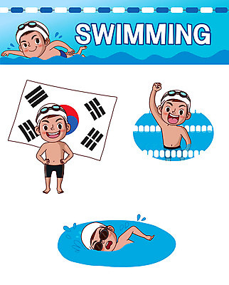 캐릭터 남자 어린이 스티커 일러스트 수영장 사람 여러명 파란색 세트 손들기 수영 태극기 물안경 수영모 이모티콘 자유형 남자만 일러캐릭터 AI파일 컬러 다수 모션 수상스포츠 국기 수영용품 파일형식 벡터