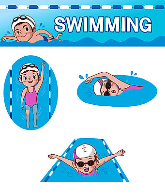 캐릭터 여자 남자 어린이 스티커 일러스트 수영장 사람 여러명 파란색 세트 수영 물안경 수영모 이모티콘 배영 자유형 접영 일러캐릭터 AI파일 컬러 다수 수상스포츠 수영용품 파일형식 벡터