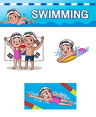 캐릭터 여자 남자 어린이 스티커 일러스트 어깨동무 수영장 사람 여러명 파란색 세트 손들기 수영 태극기 물안경 수영모 이모티콘 자유형 킥판 일러캐릭터 AI파일 컬러 포즈 다수 모션 수상스포츠 국기 수영용품 파일형식 벡터