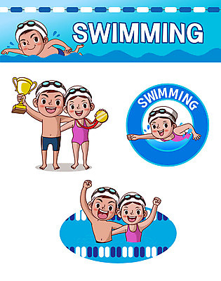 캐릭터 여자 남자 어린이 스티커 일러스트 어깨동무 수영장 들기 사람 여러명 파란색 세트 손들기 수영 우승 트로피 메달 물안경 수영모 이모티콘 자유형 일러캐릭터 AI파일 컬러 포즈 다수 모션 수상스포츠 최고 상_우승 수영용품 상_상패 파일형식 벡터