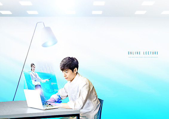 PSD 편집이미지 여자 남자 그래프 조명 사람 앉기 상반신 20대 성인 두명 옆모습 파란색 노트북 스크린 교사 책상 온라인강의 성인만 사회적거리두기 이미지편집 직업 캠페인 뷰포인트 컬러 가구 모션 청년 전자제품 강의 파일형식 언택트
