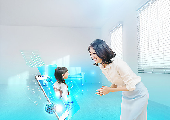 PSD 편집이미지 여학생 여자 초등학생 어린이 수업 그래프 사람 상반신 20대 성인 두명 옆모습 파란색 스마트폰 핸드폰 마주보기 스크린 한국인 원자 온라인강의 여자만 사회적거리두기 이미지편집 학생 교육 캠페인 뷰포인트 컬러 모션 동양인 청년 전자제품 스마트기기 강의 파일형식 언택트