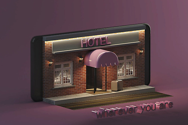 PSD 편집 편집이미지 호텔 모바일 사람없음 스마트폰 스마트기기 3D소스 3D 캐리어 보라색 디지털합성 오브젝트 온라인 예약 숙박 편집소스 비대면서비스 온택트 편집3D 컬러 숙소 전자제품 핸드폰 여행가방 서비스 파일형식 언택트