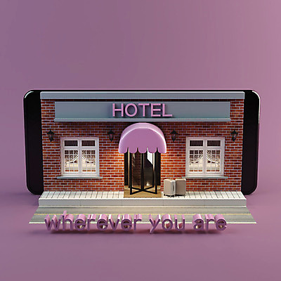 PSD 편집 편집이미지 호텔 모바일 사람없음 스마트폰 스마트기기 3D소스 3D 캐리어 보라색 디지털합성 오브젝트 온라인 예약 숙박 편집소스 비대면서비스 온택트 편집3D 컬러 숙소 전자제품 핸드폰 여행가방 서비스 파일형식 언택트