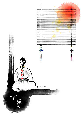 PSD 응시 여자 일러스트 캘리그라피 붓터치 한명 사람 앉기 여름 태양 한자 한복 절기 번짐 소서 차양막 여자한명만 국내일러스트 자연요소 문자 1 한국전통 시선 계절 모션 전통의상 차양 여자만 파일형식 효과