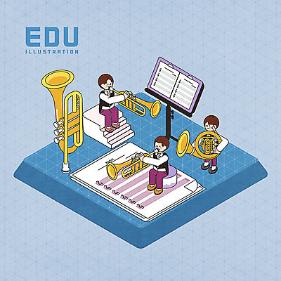 PSD 학생 여자 교육 남자 교복 음악 연주 일러스트 교과목 청소년 들기 사람 앉기 세명 파란색 계단 보면대 높은음자리표 악보 음악교육 트럼펫 아이소메트릭 호른 에듀 에듀케이션 십대만 십대남자만 스쿨팩 국내일러스트 옷 컬러 음표 모션 문화예술 금관악기 남자만 파일형식