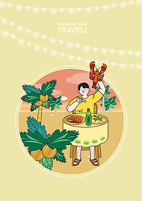 PSD 남자 바다 의자 일러스트 새우 요리 한명 들기 사람 성인 해변 여름 야자수 노란색 바닷가재 먹기 해산물 휴양지 베트남 코코넛 동남아여행 남자한명만 국내일러스트 나무 1 계절 컬러 해외여행 가구 과일 모션 갑각류 동남아시아 장소 가재 남자만 파일형식