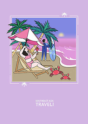 PSD 여자 남자 수영복 바다 일러스트 들기 사람 성인 해변 두명 여름 비키니 야자수 보라색 일몰 꽃게 파라솔 서핑보드 휴양지 선베드 발리 동남아여행 국내일러스트 나무 옷 계절 컬러 섬 해외여행 의자 모션 노을 동남아시아 장소 게 보드_스포츠 인도네시아 파일형식