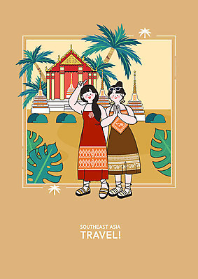 PSD 여자 일러스트 태국 사람 성인 두명 여름 친구 야자수 노란색 인사 사원 휴양지 손모으기 왓포 동남아여행 여자만 국내일러스트 나무 계절 아시아 컬러 해외여행 비즈니스 관계 손짓 동남아시아 장소 예절 사찰 방콕 파일형식