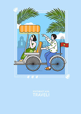 PSD 여자 남자 일러스트 거리 사람 앉기 성인 두명 여름 파란색 야자수 가리킴 도시 승차 구경 휴양지 베트남 동남아여행 씨클로 국내일러스트 나무 계절 교통수단 컬러 해외여행 모션 손짓 동남아시아 장소 파일형식