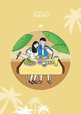 PSD 커플 여자 남자 일러스트 신혼부부 맥주 요리 사람 앉기 성인 두명 여름 야자수 노란색 먹기 휴양지 베트남 동남아여행 동남아음식 베트남음식 쌀국수 성인만 분짜 국내일러스트 나무 부부 계절 음식 컬러 해외여행 관계 모션 주류 동남아시아 장소 국수 신혼 파일형식