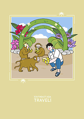 PSD 남자 일러스트 바나나 세마리 한명 들기 사람 성인 여름 야자수 노란색 원숭이 먹기 구경 주기 휴양지 베트남 동남아여행 남자한명만 나트랑 국내일러스트 나무 1 계절 컬러 해외여행 과일 포유류 모션 3 동남아시아 장소 남자만 파일형식