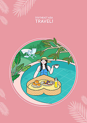 PSD 여자 커피 분홍색 일러스트 리조트 수영장 한명 들기 사람 성인 여름 야자수 주스 아침식사 휴양지 발리 팬케이크 동남아여행 모닝빵 여자한명만 국내일러스트 나무 1 계절 음료 빵 컬러 섬 해외여행 모션 케이크 식사 동남아시아 장소 인도네시아 여자만 파일형식