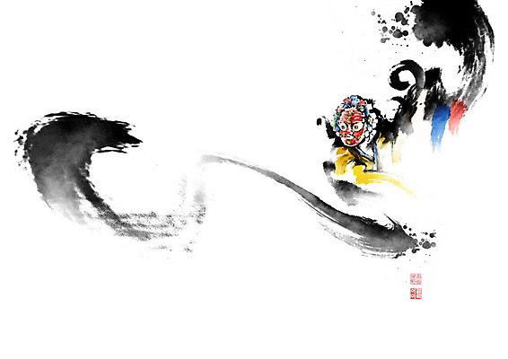 PSD 남자 전통문화 일러스트 캘리그라피 붓터치 한명 사람 춤 탈춤 번짐 탈 남자한명만 국내일러스트 1 전통 문화 문화예술 가면 전통공연 전통무용 남자만 파일형식 효과