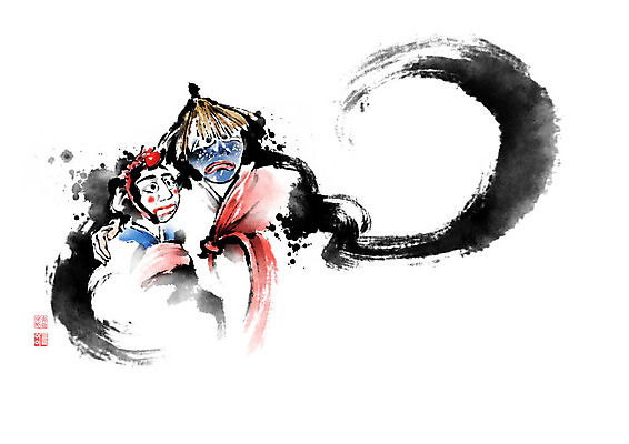 PSD 남자 전통문화 일러스트 캘리그라피 포옹 어깨동무 붓터치 사람 두명 춤 탈춤 번짐 탈 노장 소무 남자만 국내일러스트 전통 문화 포즈 안기 문화예술 가면 전통공연 전통무용 파일형식 효과